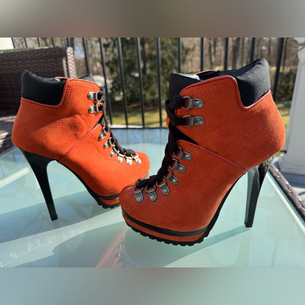 Xhilaration orange & black thin 5” high bootie heels - size 6.5